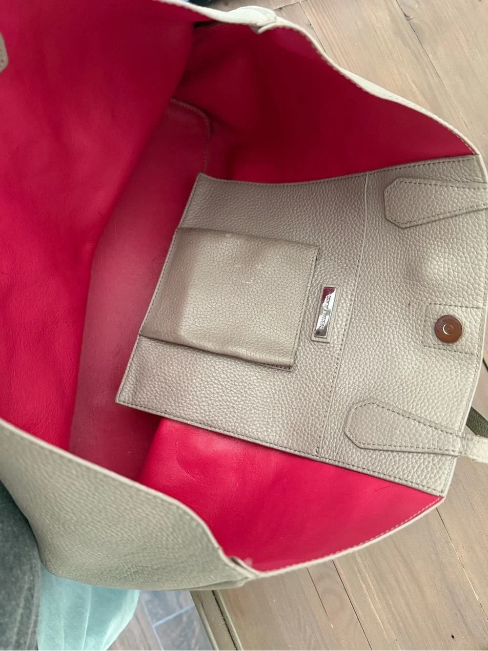 Tory Burch Pebbled Leather Tote in Taupe with Pink interior